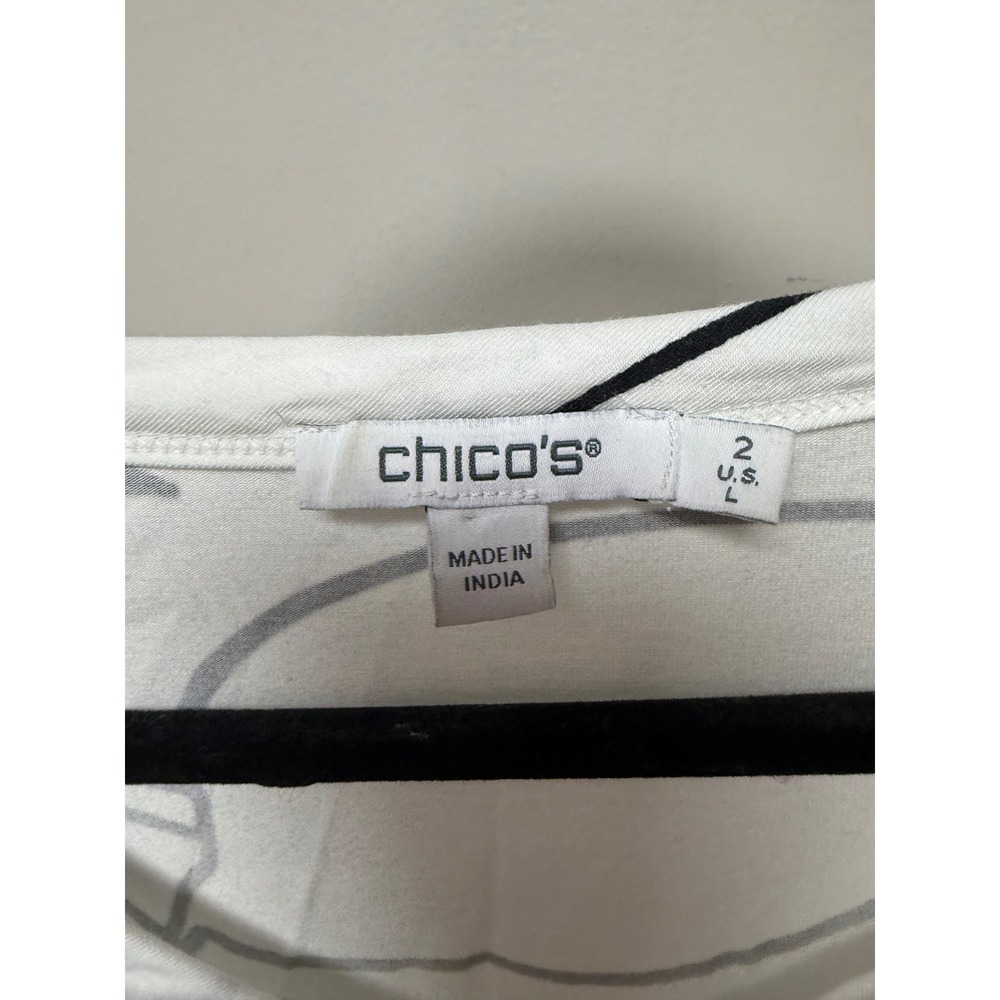 Chico's V-Neck Tee Women 2 L White Black Excellent Pima Cotton Modal Leaf Print - Picture 2 of 7